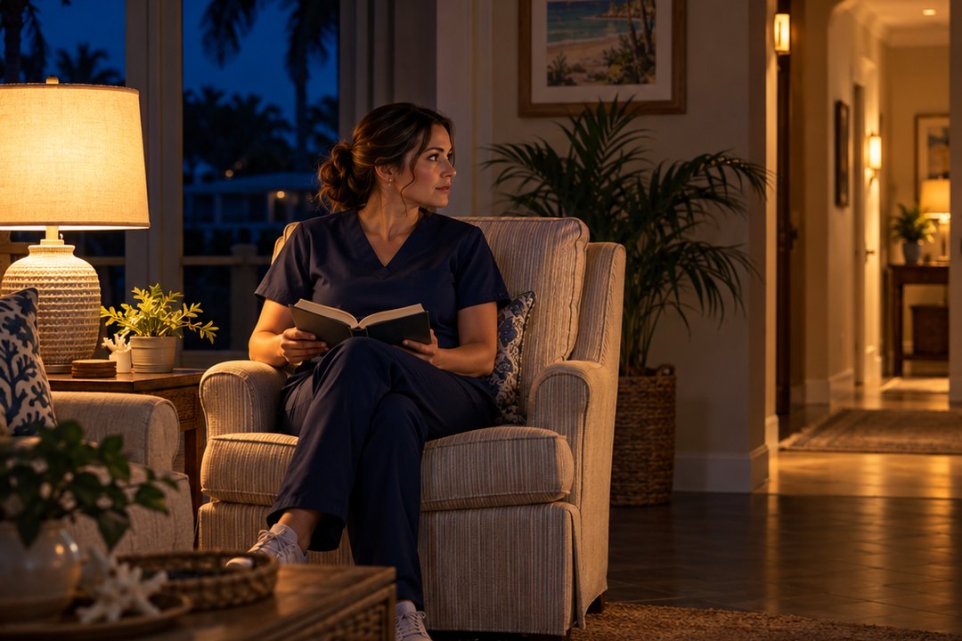 Caregiver sitting awake in a quiet living room at night, reading by lamplight