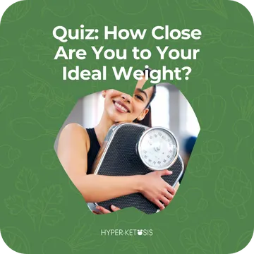 Woman hugging scale smiling brightly, representing quiz to check ideal weight closeness with Hyper-Ketosis.