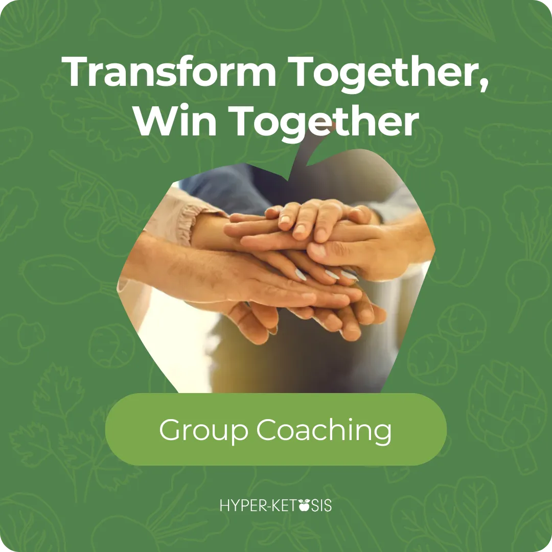 Stacked hands showing unity and teamwork, representing group coaching to transform and win together with Hyper-Ketosis.
