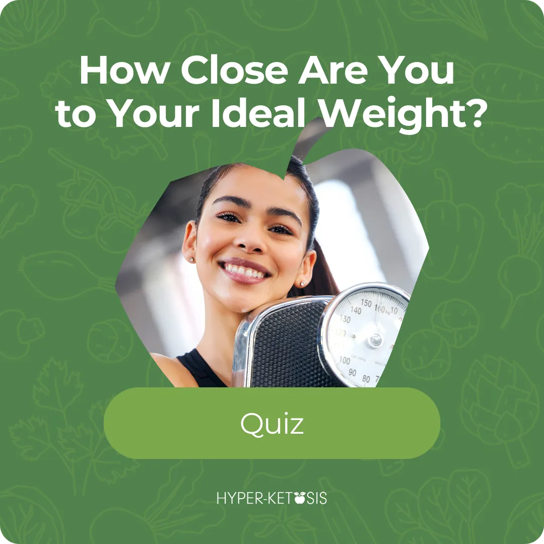 Woman hugging scale smiling brightly, representing quiz to check ideal weight closeness with Hyper-Ketosis.