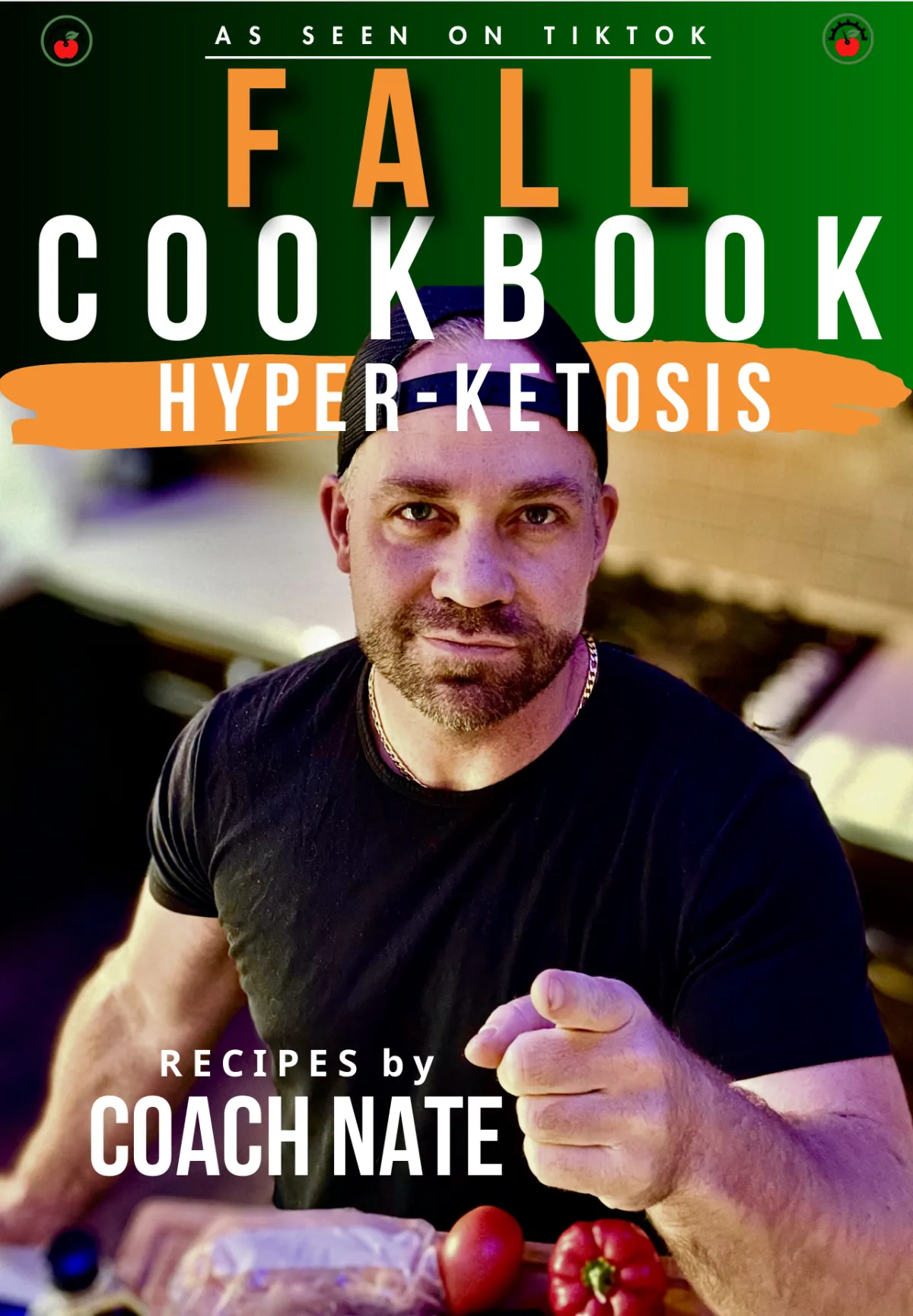 Hyper-Ketosis Cookbook cover featuring Coach Nate Drew pointing forward with fresh food and bold text on massive weight loss.