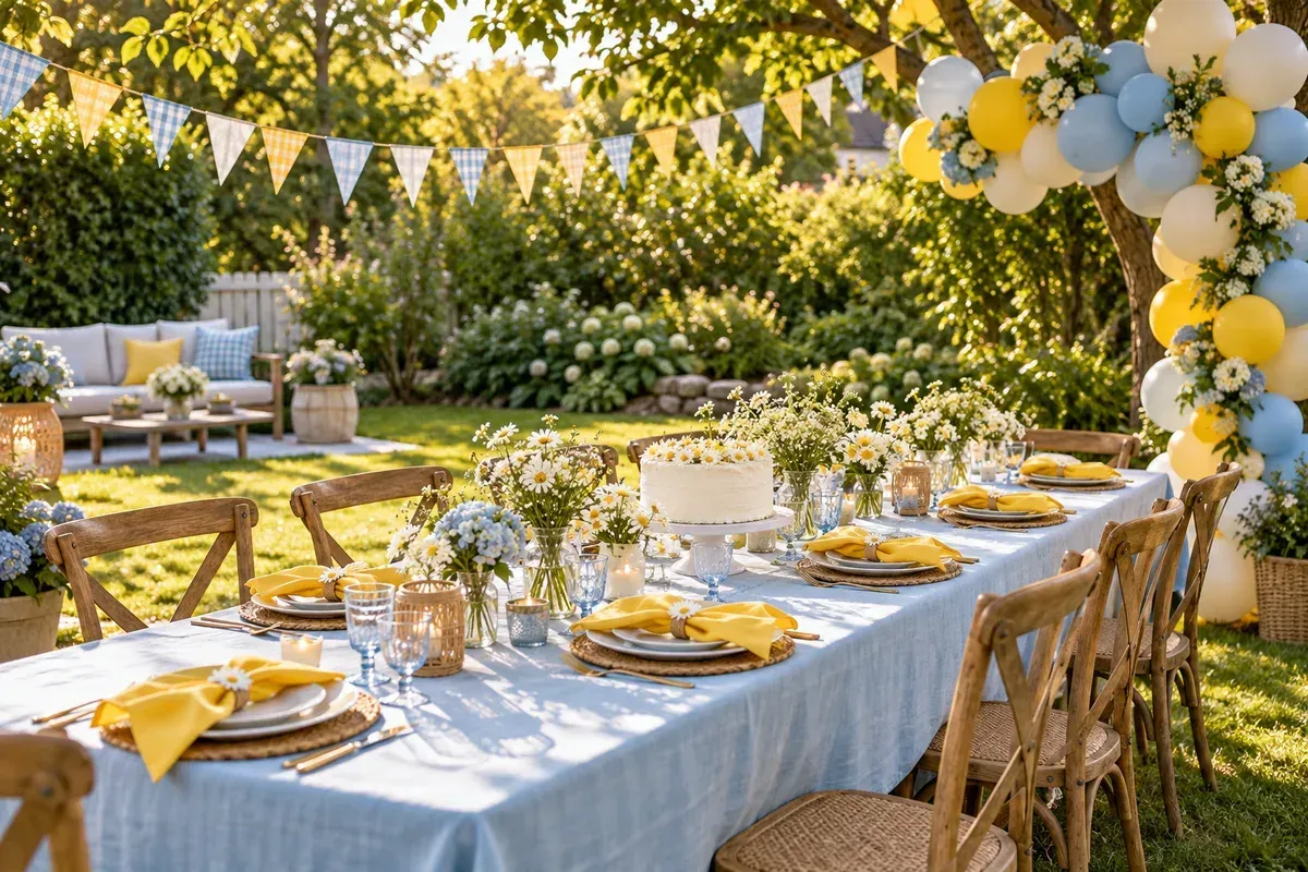 Garden party dining table with blue and yellow decor; AI-created illustration