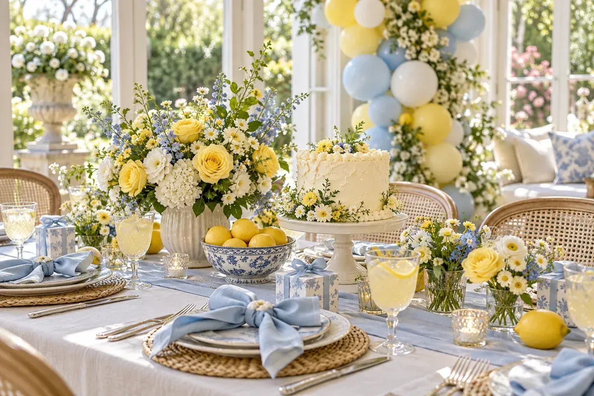 Shower brunch table with flowers, favors and refreshments; AI-created illustration