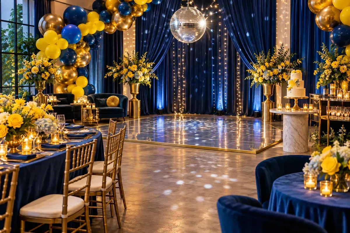 Birthday celebration room with balloons, a disco ball and a dance area; AI-created illustration