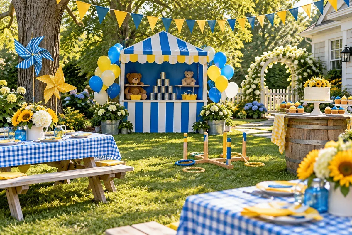 Backyard carnival games, bunting and picnic tables; AI-created illustration