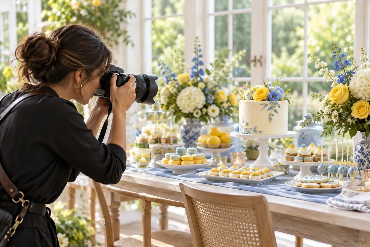 Event photographer composing a photograph of a decorated celebration table; AI-created illustration