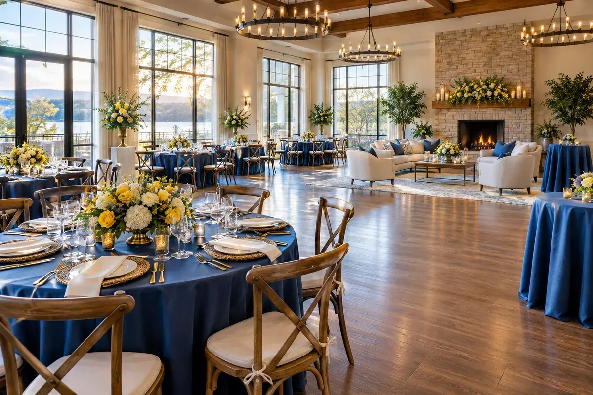 Private event room with dining tables and open gathering space; AI-created illustration