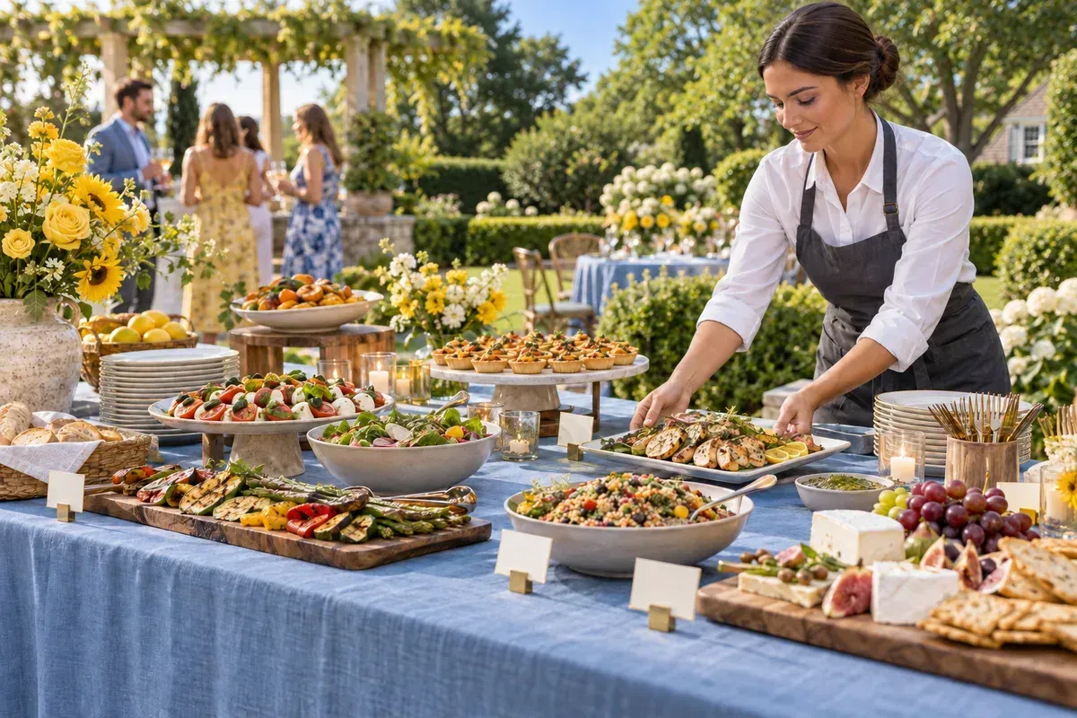 Catering server arranging platters on a garden-party buffet; AI-created illustration