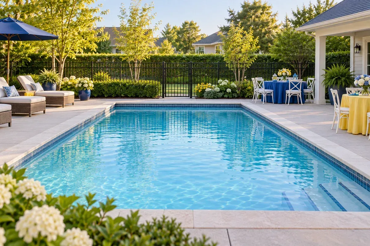 Empty backyard swimming pool with a fenced patio and party seating; AI-created illustration