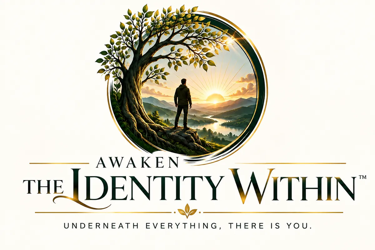 Awakening Within logo, image of setting sun, path and a tree