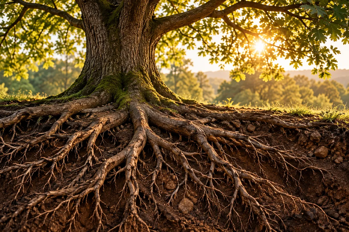 Golden Roots beneath a mighty oak