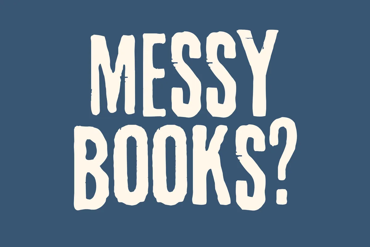 "Messy Books?" text on a blue background