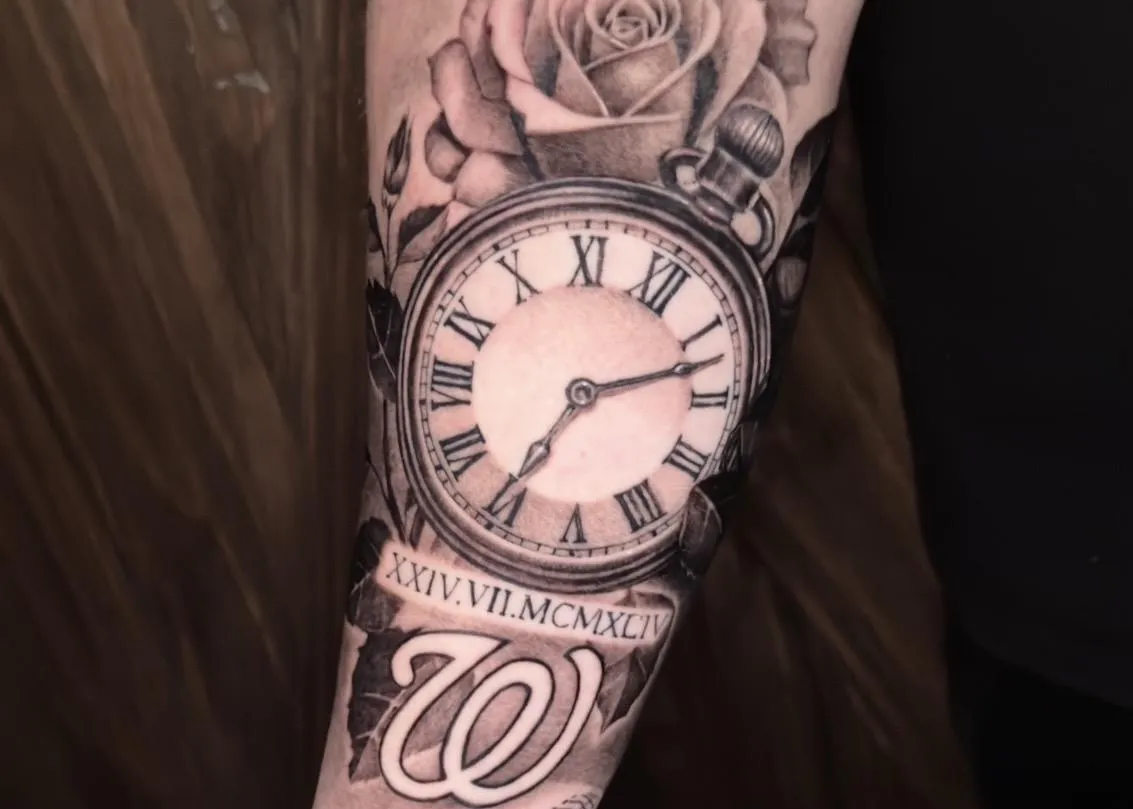 Black and grey pocket watch and rose tattoo with script by Golden Koi Tattoos