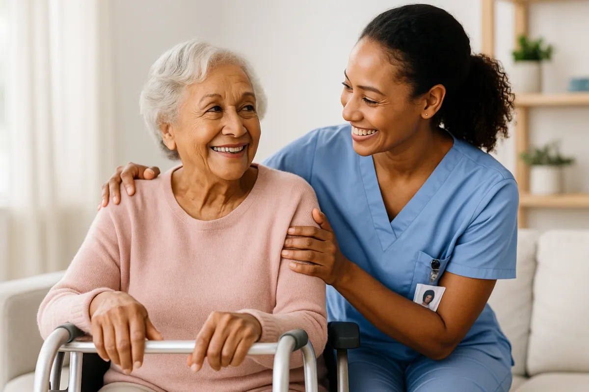 A warm smile and a visible assistive aid like a walker or chair