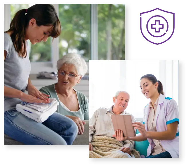 healthcare worker sitting with elderly