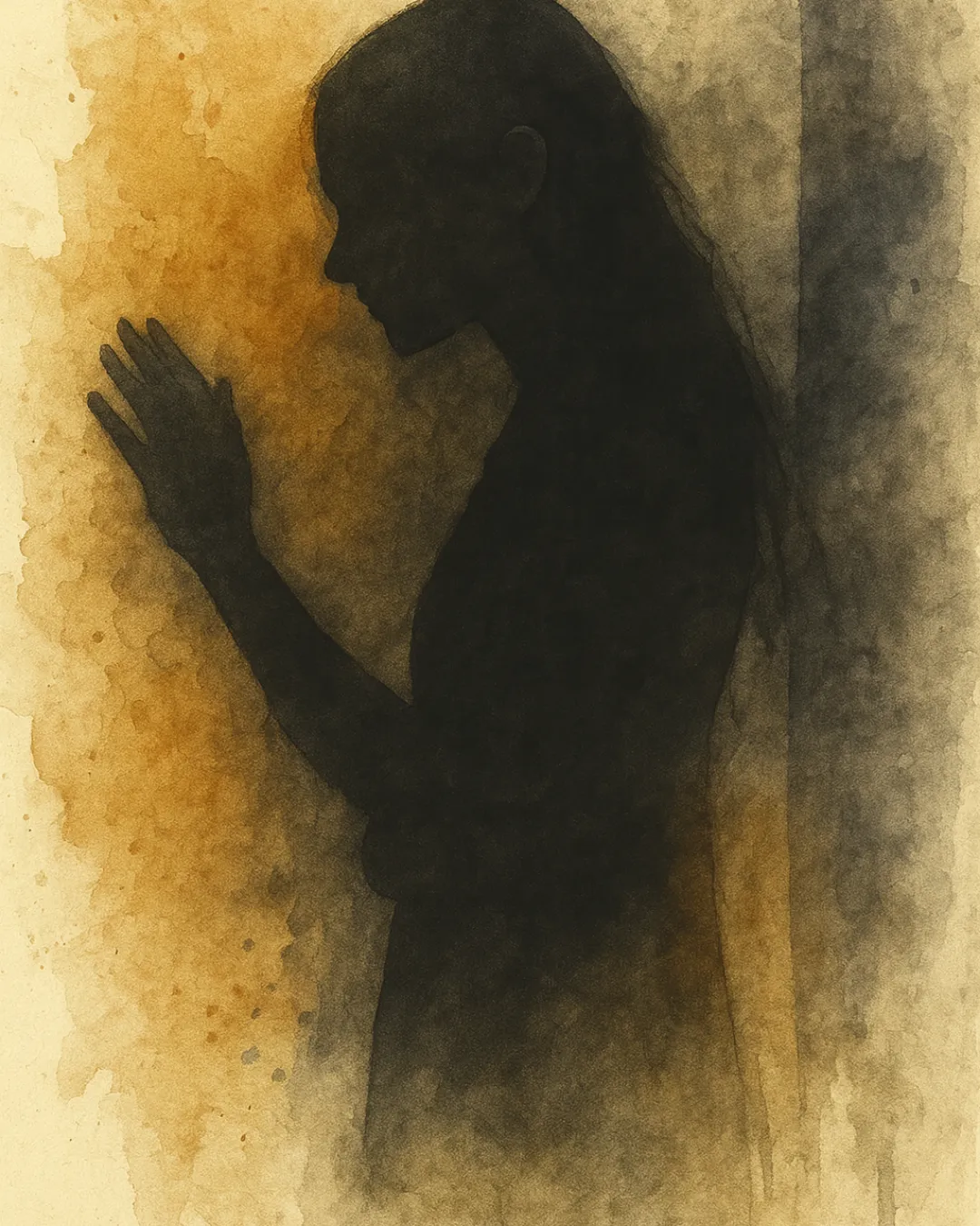 Thoughtful midlife woman with hand near mouth, symbolising repressed truth, nervous system freeze, and fear of being seen.