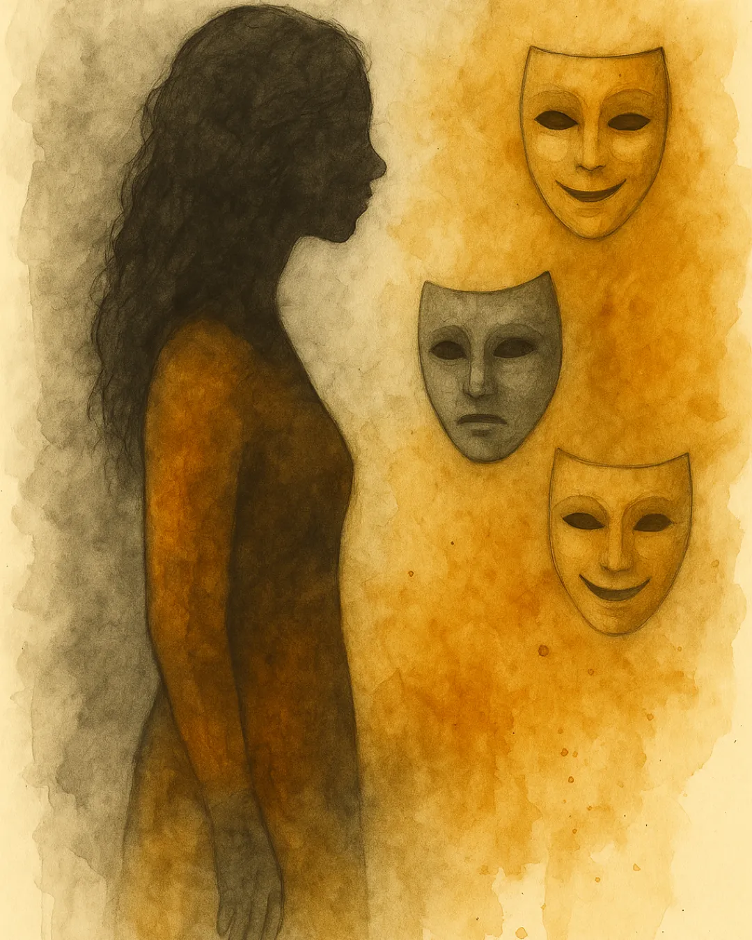 Abstract artwork of faces representing Autism an ADHD in women, the fire, the freeze and the draining energy of masking and focus swings.