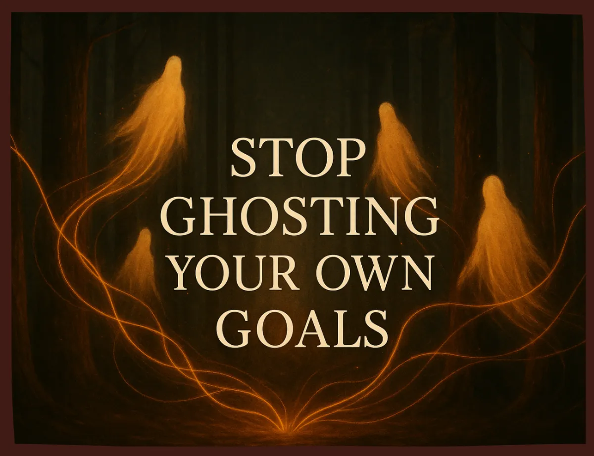 Midlife woman deep in thought, representing survival patterns, self-sabotage and ghosting your own goals.d