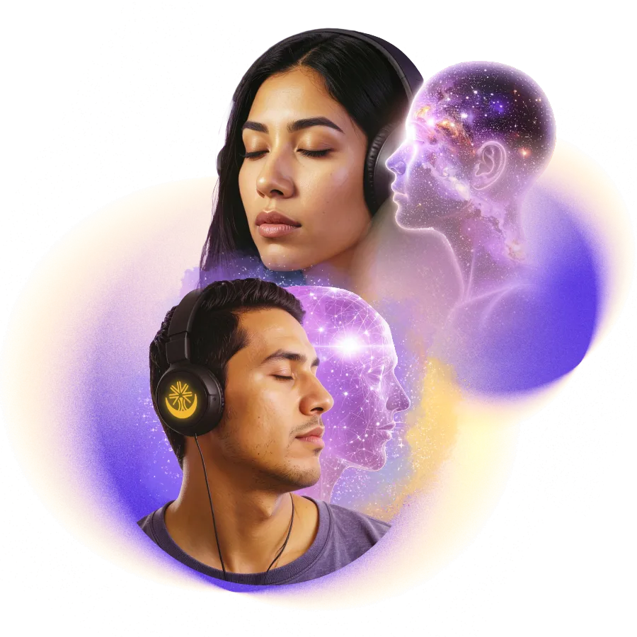 Mujer y hombre con auriculares y ojos cerrados, en actitud meditativa, acompañados de siluetas etéreas iluminadas con colores cósmicos en tonos morado y dorado, sobre un fondo circular luminoso.