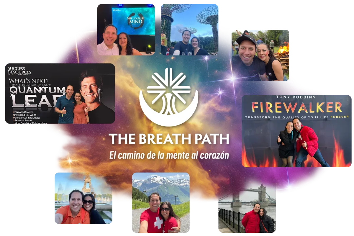 Collage de fotos de Gladys y Charlie en distintos eventos importantes, dispuestas en círculo envolviendo el logotipo de The Breath Path que surge de entre formas etéreas iluminadas con colores cósmicos en tonos morado y dorado.