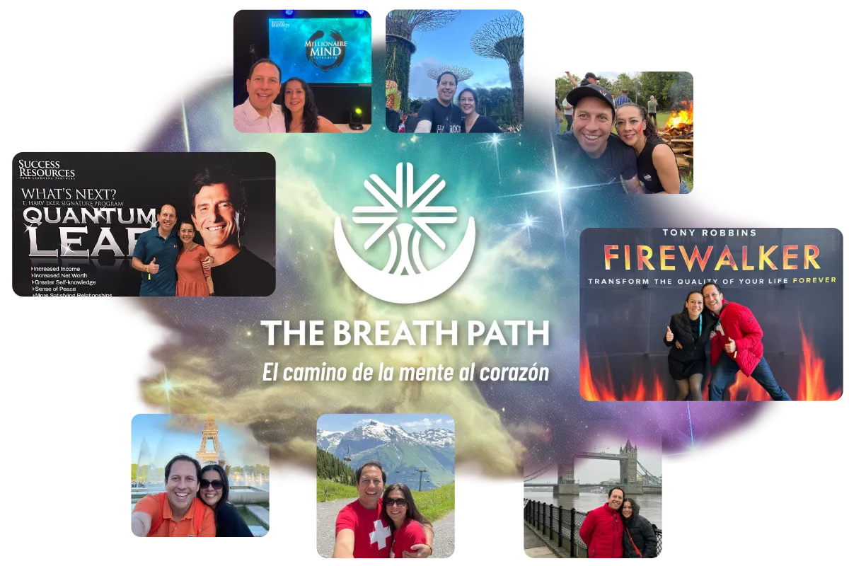 Collage de fotos de Gladys y Charlie en distintos eventos importantes, dispuestas en círculo envolviendo el logotipo de The Breath Path que surge de entre formas etéreas iluminadas con colores cósmicos en tonos morado y dorado.