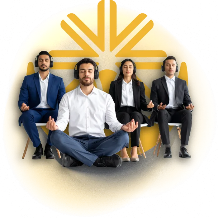 Un equipo de trabajo haciendo ejercicios de respiración consciente, sintiendo una paz profunda y equilibrio emocional.