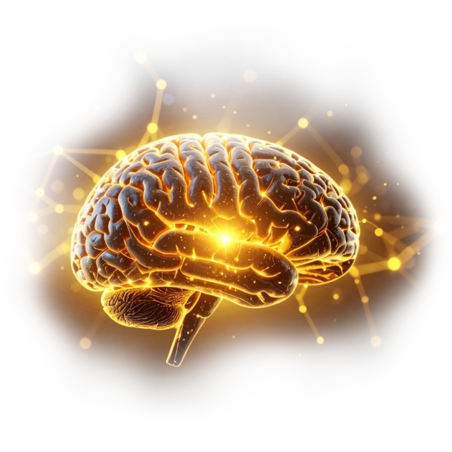 Cerebro humano dorado iluminado, representando el impacto positivo del breathwork y la neurociencia en el bienestar emocional.