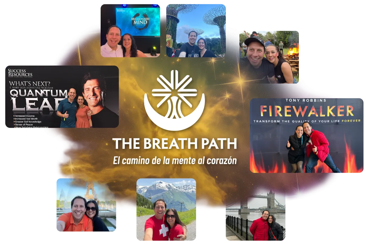 Collage de fotos de Gladys y Charlie guías de sesiones de breathwork, rodeando el logo de la empresa que inspira transformación y bienestar.
