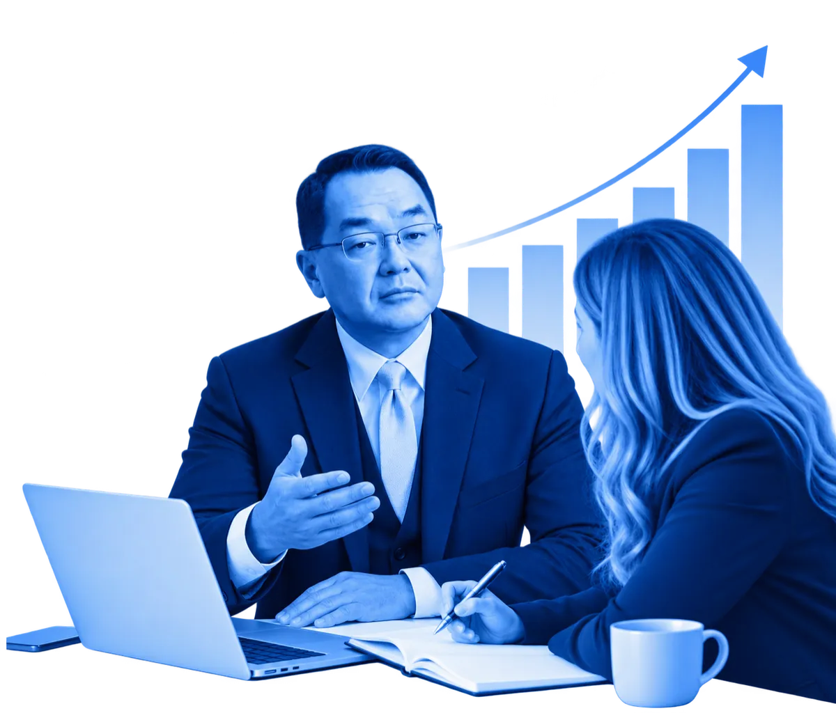 A professional business coach meets with a client to discuss strategy, goals, and opportunities for growth, represented by an upward-trending graph in the background.