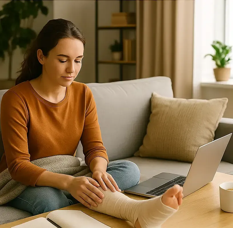 A person with a bandaged arm relaxing on a sofa at home, with a laptop nearby on a coffee table and soft morning light coming through the window.