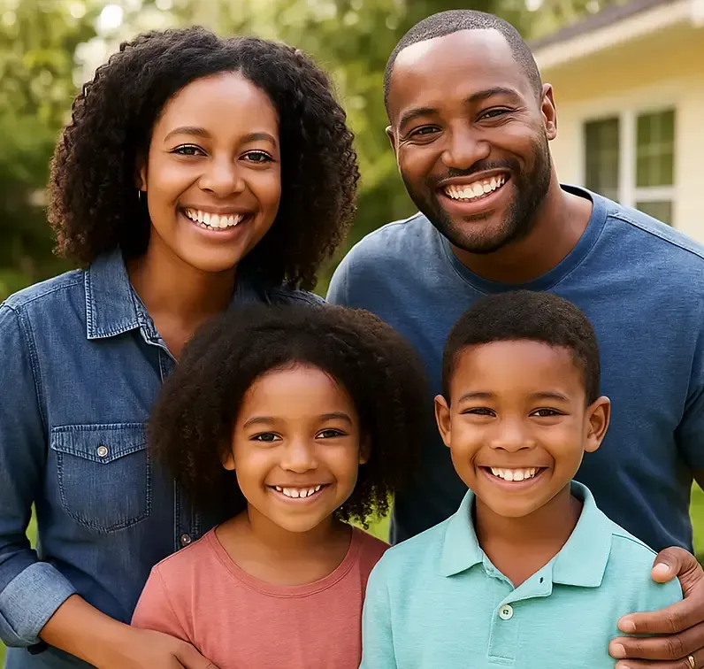 A smiling, diverse family of four—parents and two children—enjoying time together on a cozy couch in a sunlit living room.