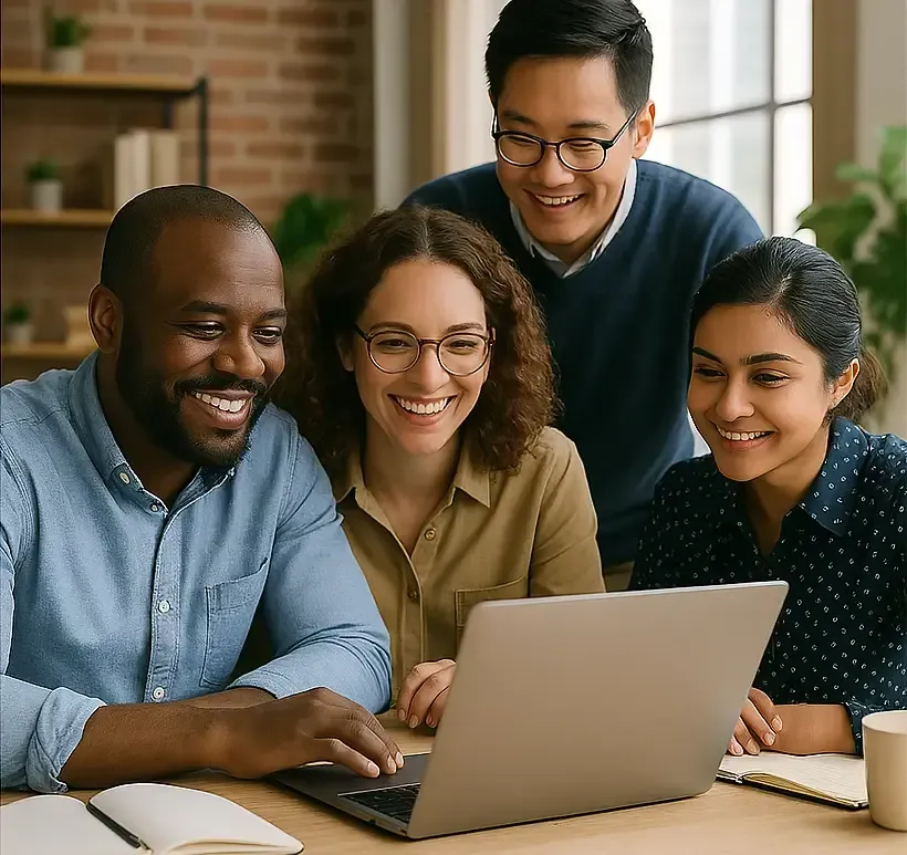 A multicultural group of professionals gathered around a table in a modern office, actively discussing ideas with laptops and documents in view.