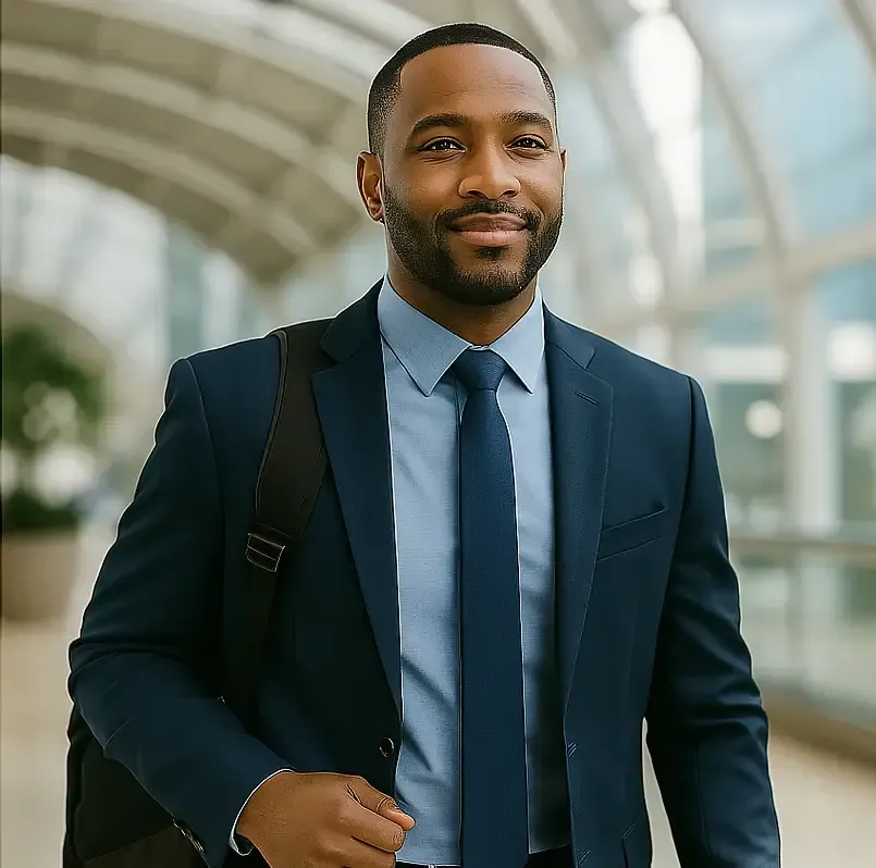 A well-dressed professional walking confidently through a modern airport terminal, pulling a suitcase with city buildings visible through large glass windows.