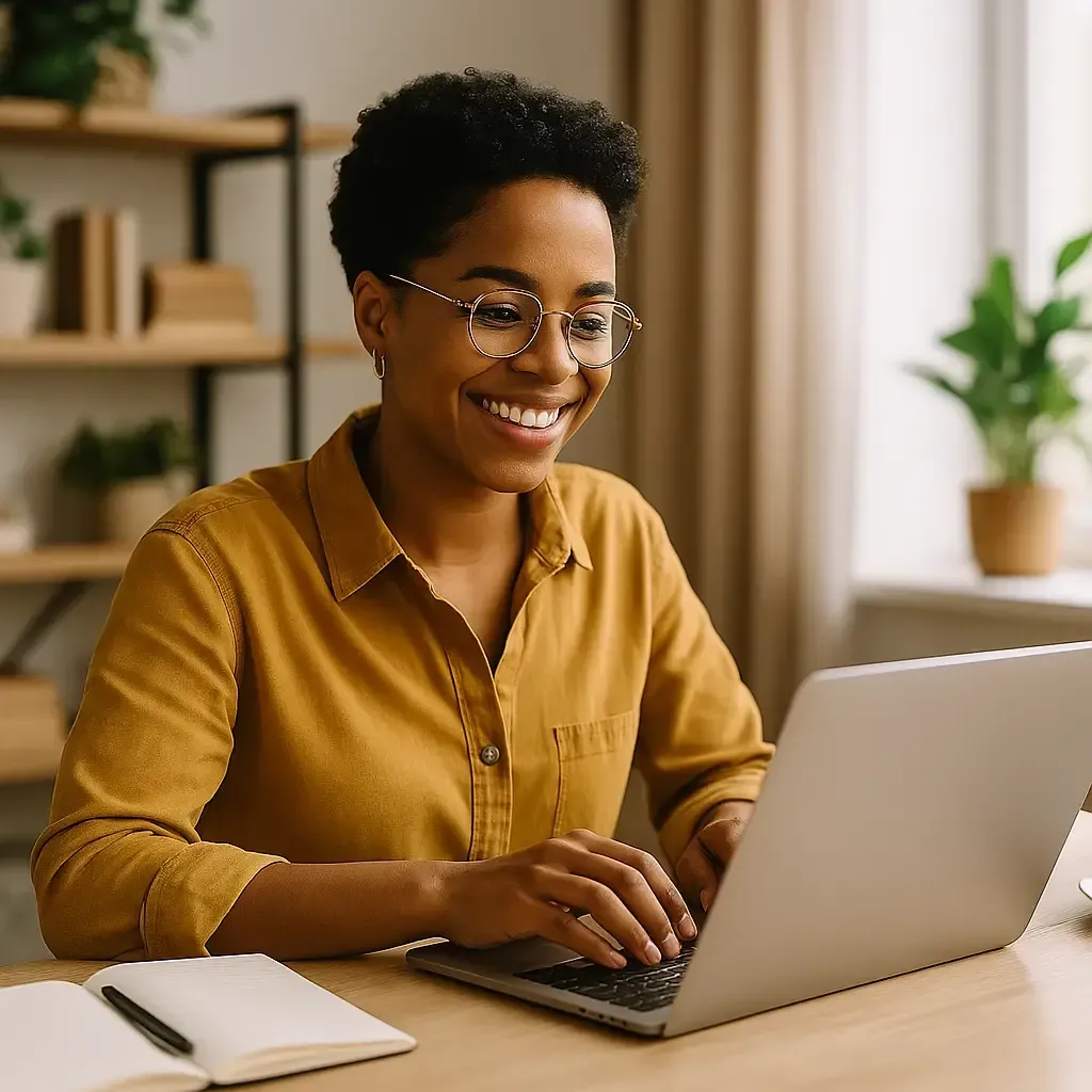 A freelancer with a laptop working at a sunlit wooden desk in a cozy café, surrounded by warm tones, plants, and coffee accessories.