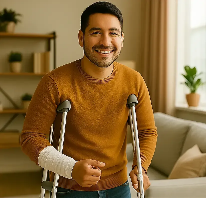 A smiling person with a leg cast and crutches standing in a home entryway, ready to return to work with a bag over their shoulder.