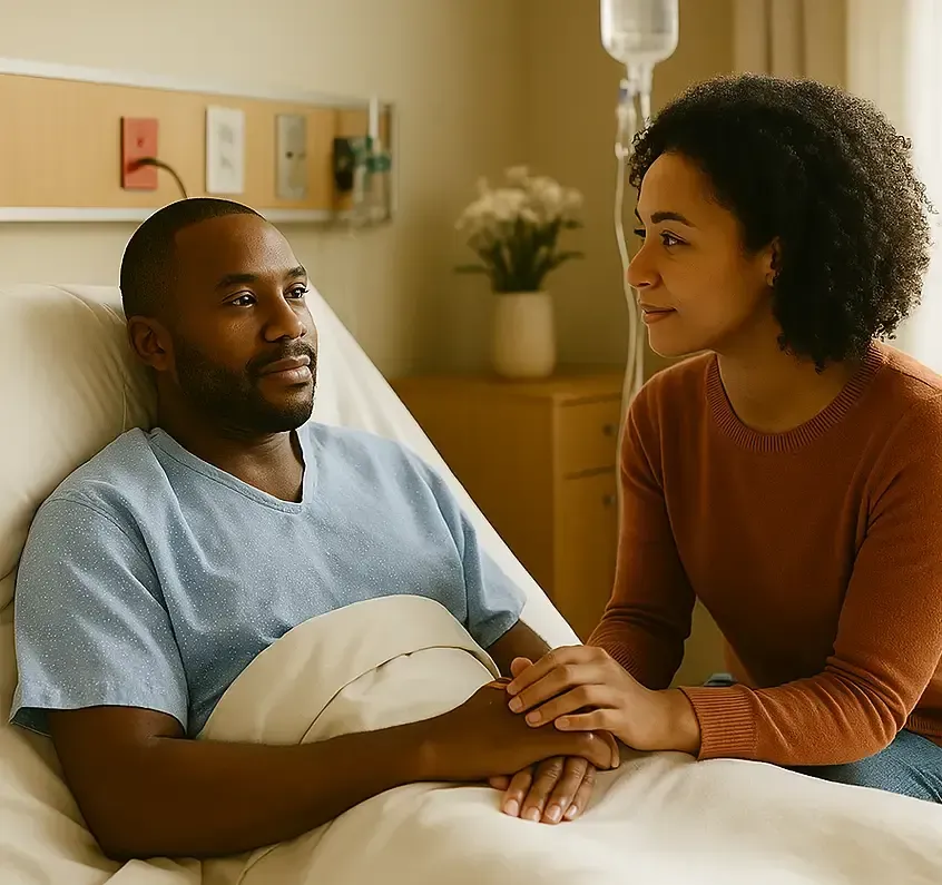 A patient lying in a hospital bed holding hands with a loved one, sharing a comforting moment in a softly lit medical room.
