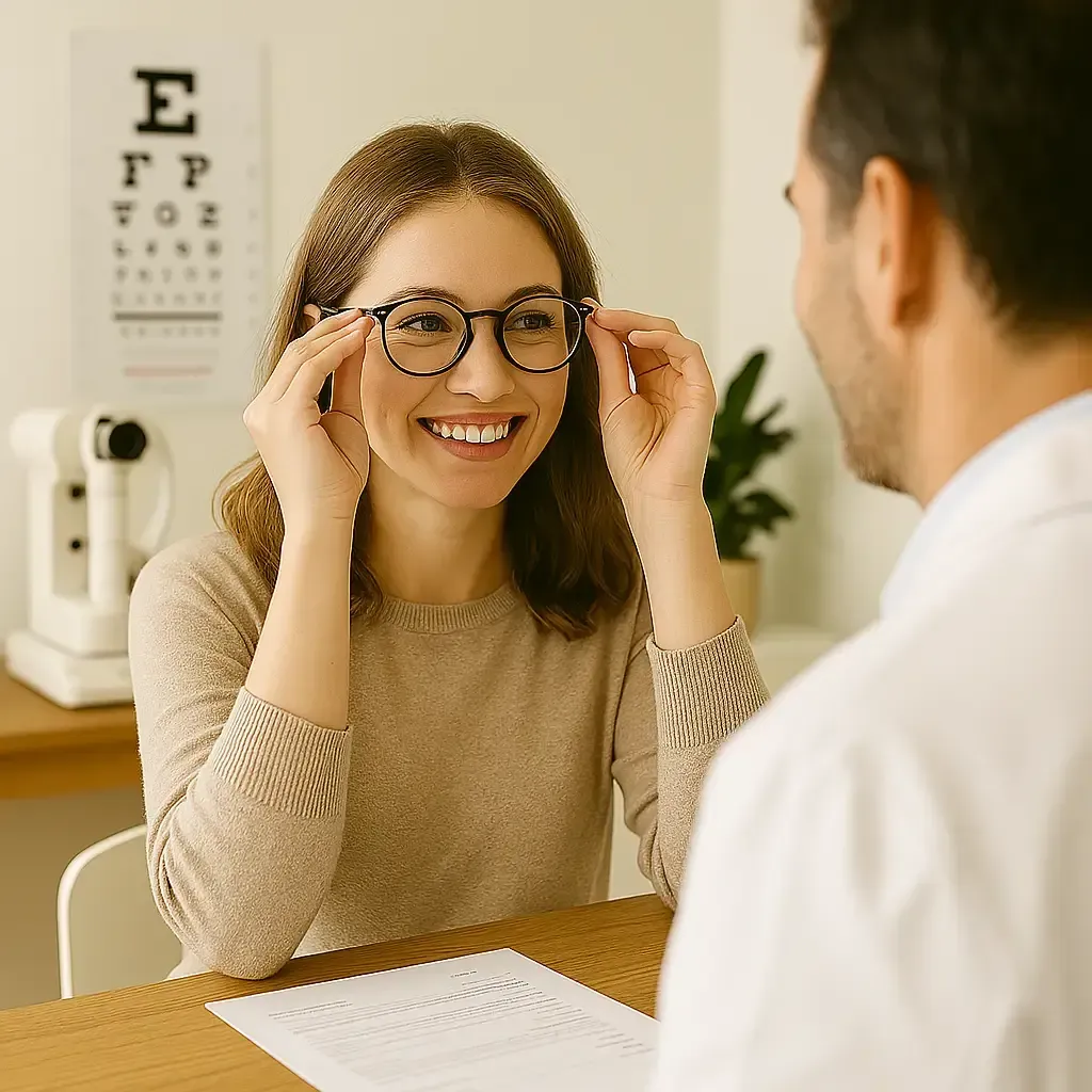 A smiling white woman browsing eyeglass frames in a bright optometrist office, with shelves of glasses and a vision chart visible in the background.