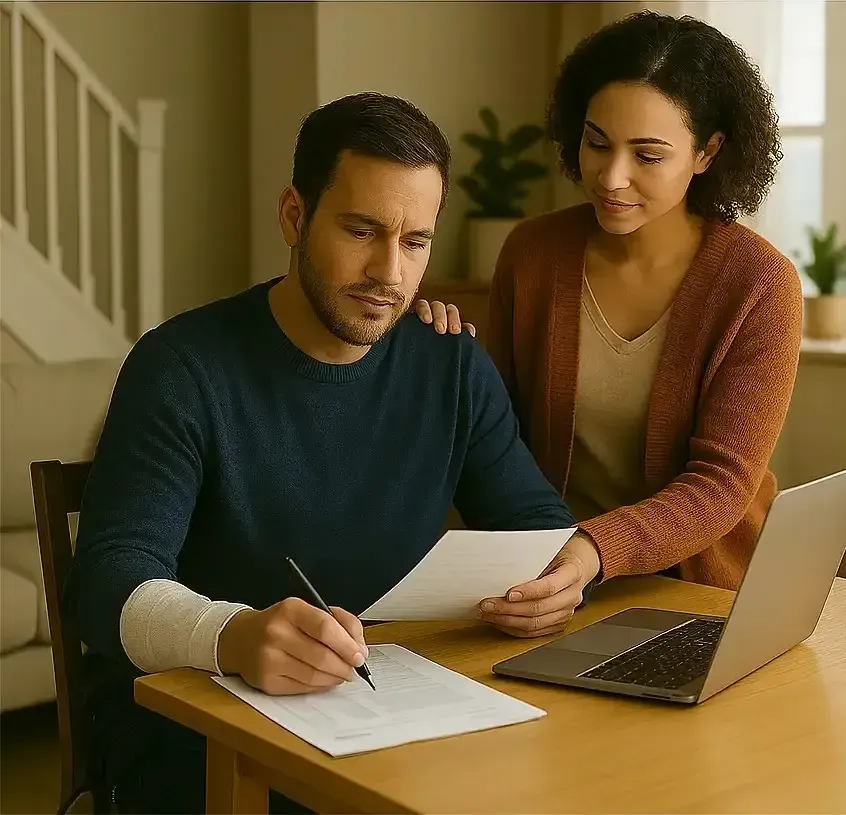 A person seated at a dining table at home with paperwork and a laptop, a leg brace subtly visible under the table, while a supportive partner stands nearby offering help.