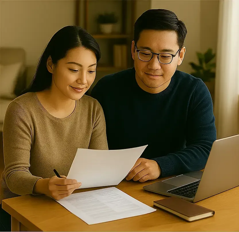 A couple sitting together at a dining table, thoughtfully reviewing life insurance documents and planning their future with focus and collaboration.