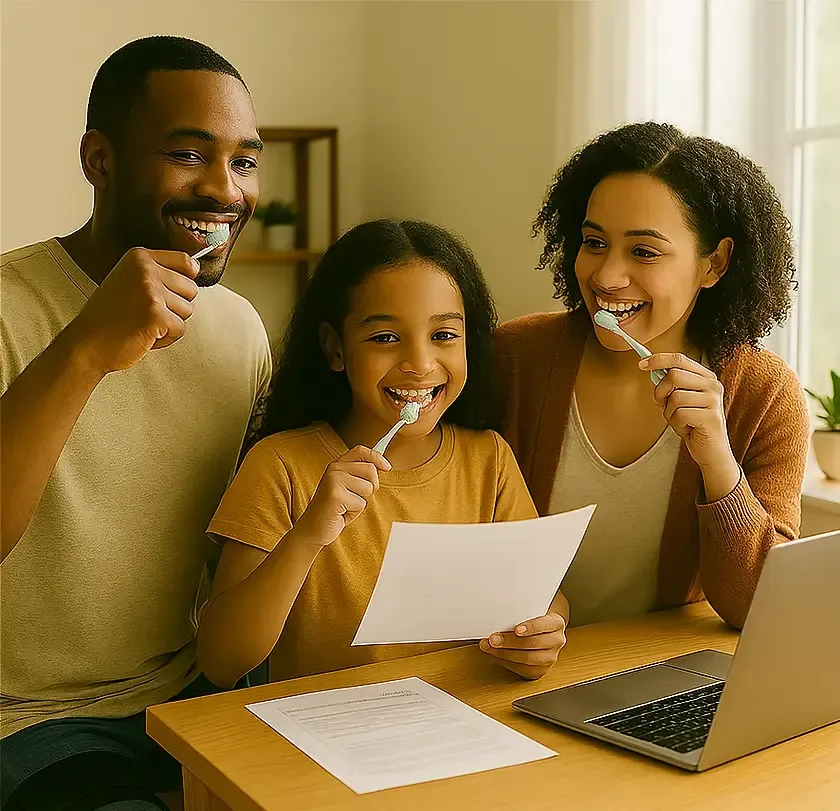 A cheerful family of four brushing their teeth side by side in a well-lit bathroom, with children on stools and parents smiling in the mirror.
