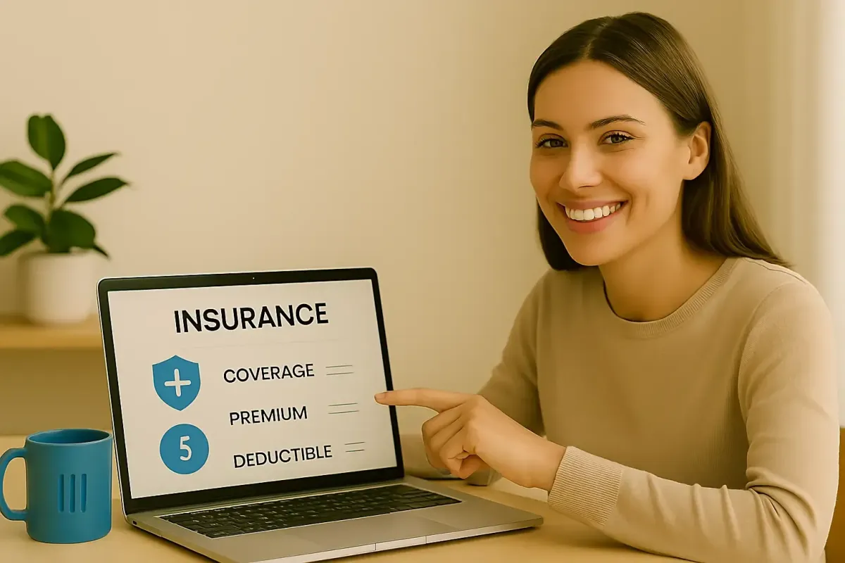 A person smiling while pointing at a clean insurance dashboard on a laptop in a minimalist home office, capturing the confidence that comes with understanding Pillars of Health’s transparent coverage plans.