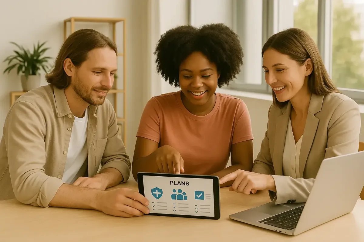 A diverse group including a freelancer, parent, and small business owner reviewing health insurance options on a tablet in a bright modern workspace, highlighting Pillars of Health’s customizable coverage.