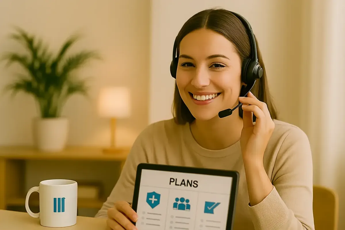 A friendly customer service agent wearing a headset, smiling during a video call in a cozy workspace with soft lighting, a green plant, and a branded mug—representing Pillars of Health’s commitment to accessible human support.