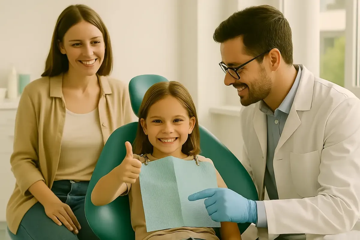 A smiling child giving a thumbs-up while seated in a dental chair, with a parent standing nearby and a dentist offering gentle care in a bright, welcoming clinic—capturing Pillars of Health’s trusted, family-centered approach to dental coverage.