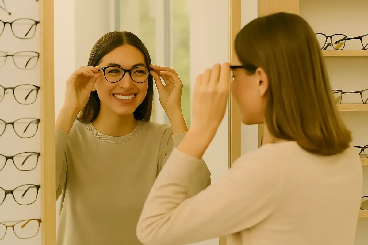 A woman smiling in front of a mirror while trying on eyeglasses in a boutique optometrist’s office, surrounded by stylish frame displays and soft natural light—reflecting Pillars of Health’s clear, confidence-boosting vision insurance.