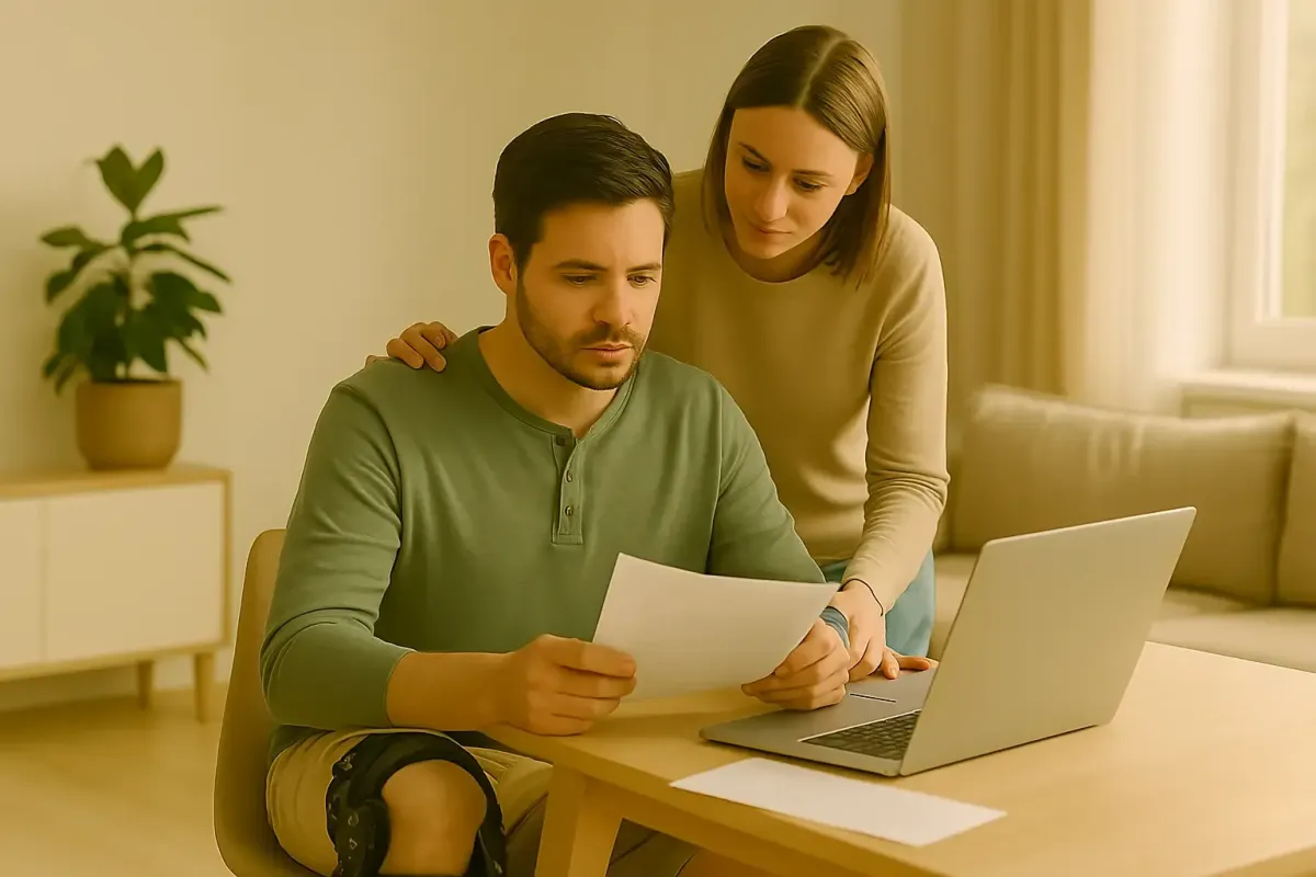 A person with a visible leg brace reviewing documents and finances on a laptop at a dining table, while a supportive partner stands beside them in a calm, sunlit room—symbolizing Pillars of Health’s empowering disability plans designed to keep life moving forward.