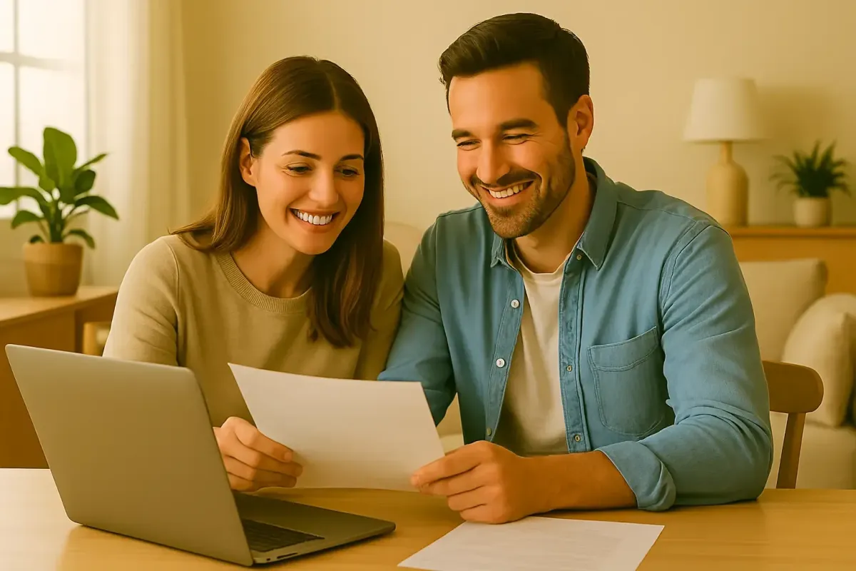 A smiling couple sits together at a dining table in a calm, naturally lit home workspace, reviewing insurance paperwork on a laptop—symbolizing Pillars of Health’s lifestyle-friendly approach to coverage with clear, supportive guidance and confident plan selection.