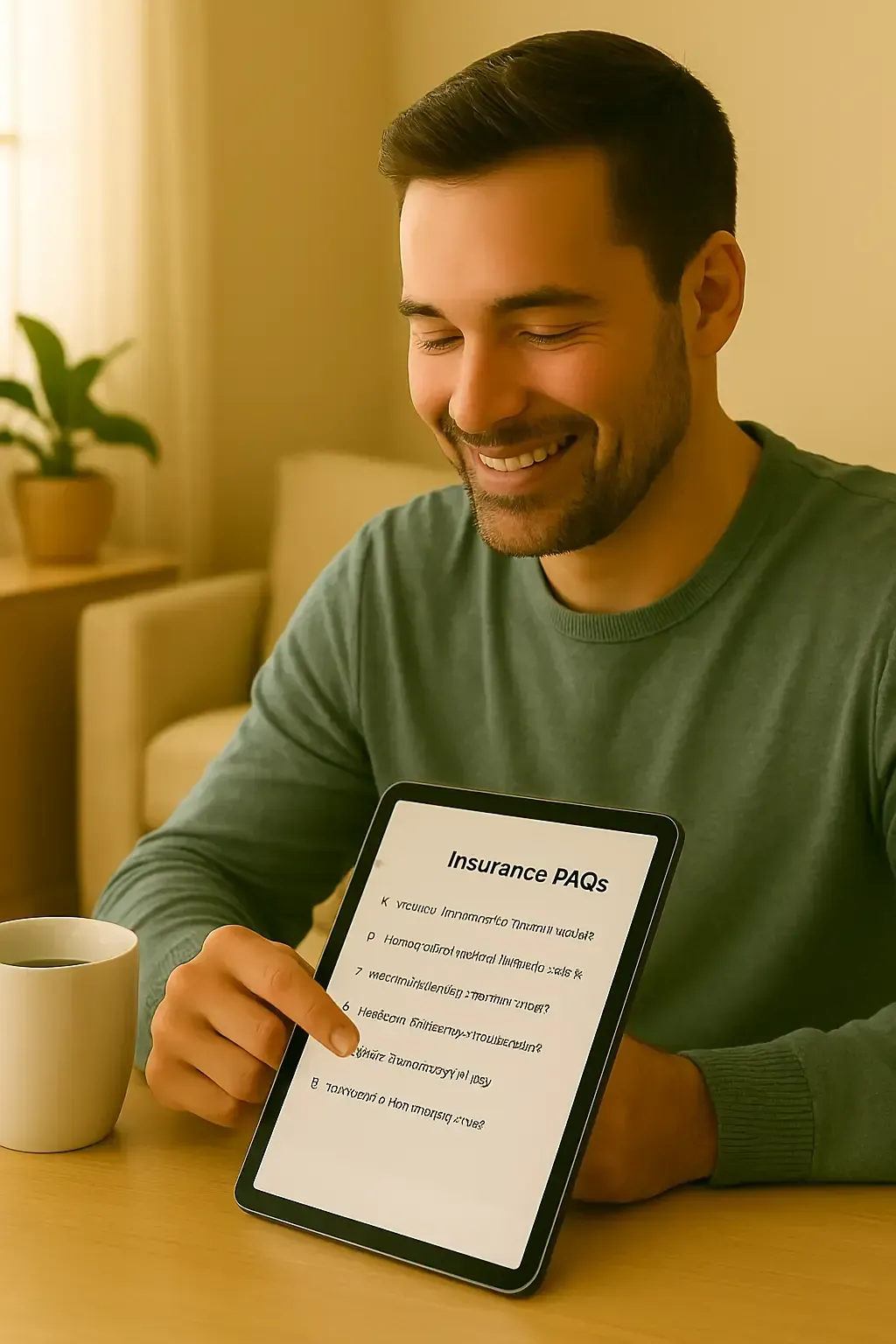 A person reviewing Pillars of Health’s online FAQs on a tablet while smiling with a coffee nearby at a tidy, sunlit home workspace—symbolizing the clarity and self-guided support offered through our easy-to-navigate insurance resources.