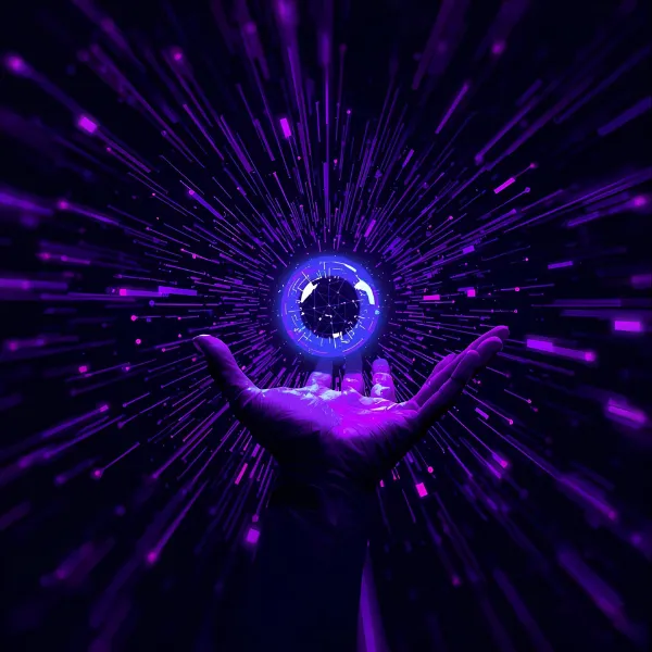 A glowing, purple-lit hand reaches upward toward a bright digital sphere, with streaks of blue and magenta light radiating outward, symbolizing control of futuristic technology or data energy.