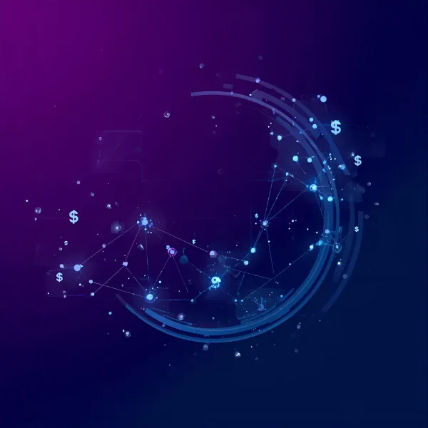 A futuristic digital illustration of interconnected blue nodes and currency symbols forming a circular network pattern against a purple and blue gradient background, representing global financial data flow.